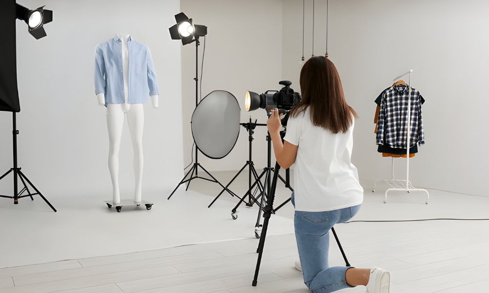 A female photographer kneels, holding a camera pointed at a white mannequin wearing a light blue long-sleeve shirt. Two large studio lights and a clothing rack are visible in the bright, white studio
