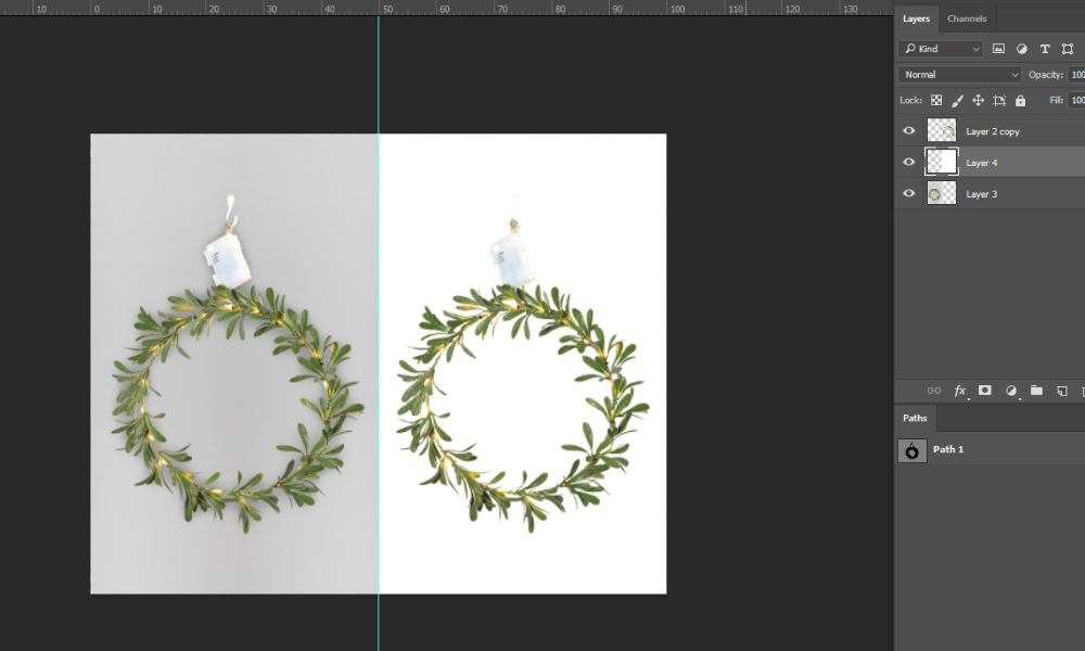 A side-by-side comparison of a green wreath-like object. On the left, it's on a grey background. On the right, the background has been digitally removed to a clean white, showcasing a product background removing process