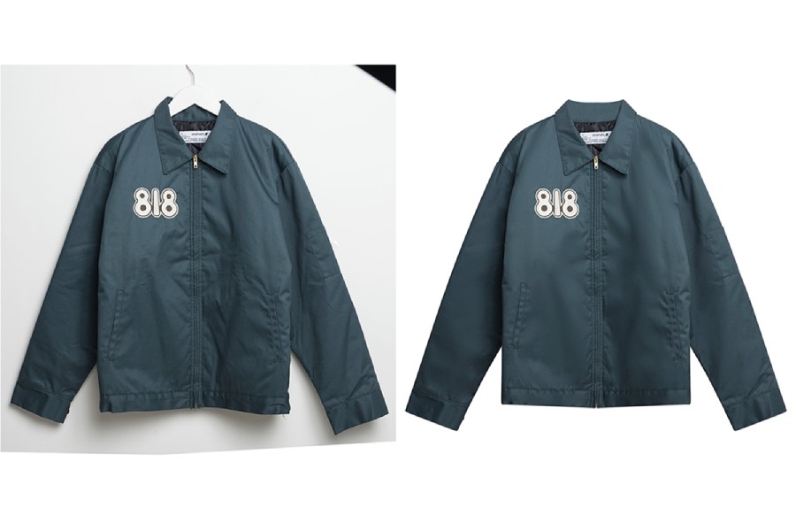 Side-by-side comparison of a dark teal jacket with "818": original on hanger against light background, and retouched on white background.