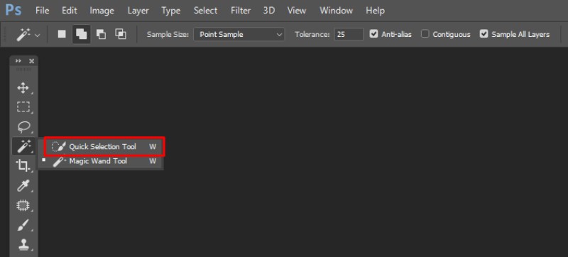 Screenshot of Adobe Photoshop with the Quick Selection Tool highlighted in the toolbar
