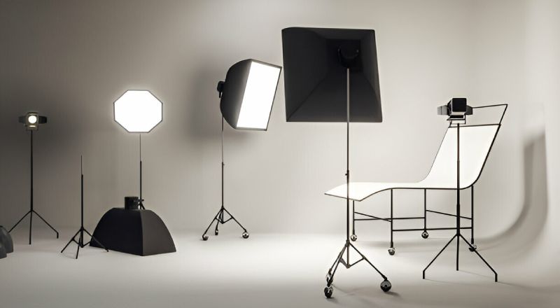 Professional photography studio setup featuring multiple softbox and LED lights, a seamless white backdrop, and a chair positioned for portrait or product photography