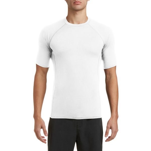 A person wearing a plain white short-sleeved top and black shorts stands against a white background.