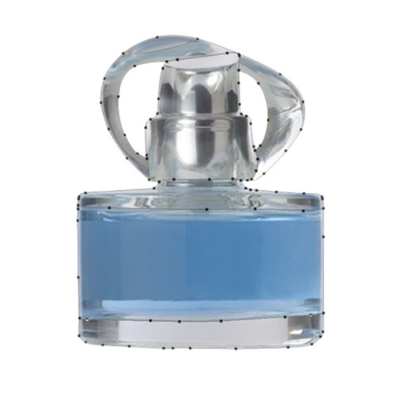A rounded glass perfume bottle with a clear, sculpted cap, filled with light blue liquid. Black dots outline the edges, indicating active clipping paths