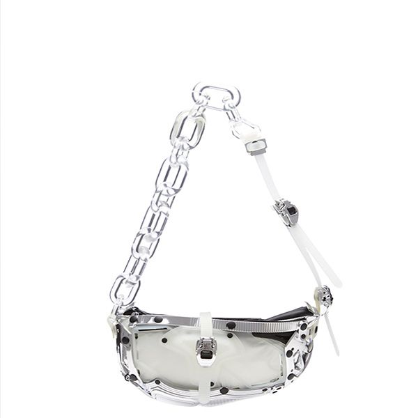 A transparent and white handbag with a chunky clear chain strap is elegantly displayed, floating against a pure white background.