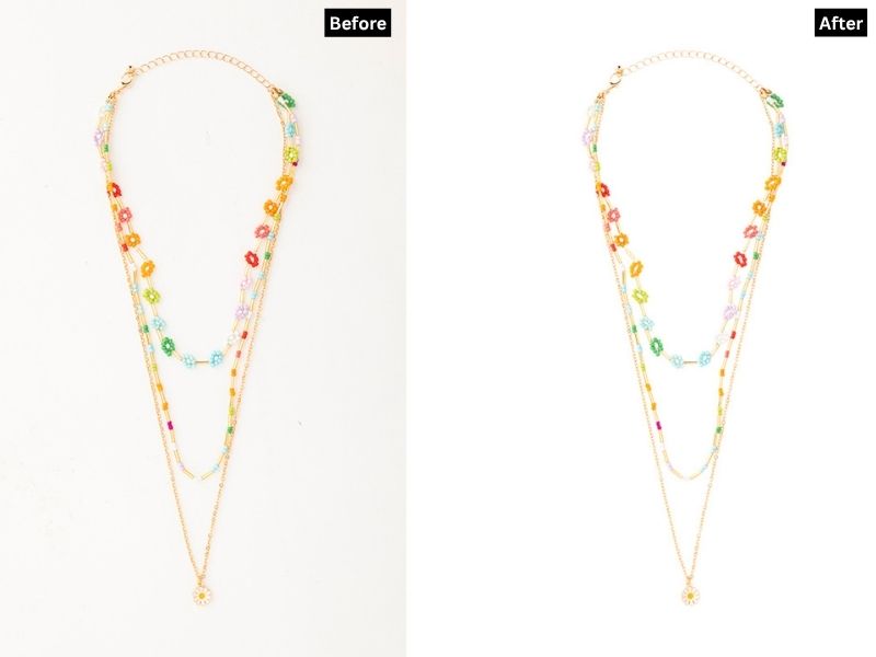 A "Before and After" comparison image of a layered necklace. The "Before" image shows a multi-strand necklace with colorful floral beads and a small daisy pendant on a white background. The "After" image shows the exact same necklace with its background seamlessly removed and placed on a pure white background, demonstrating a clipping path