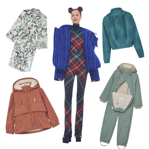 A central image of a woman in a plaid jumpsuit and blue chunky knit sweater is surrounded by four clothing items: a floral patterned jacket, a teal hoodie, a terracotta jacket, and a sage green hooded romper