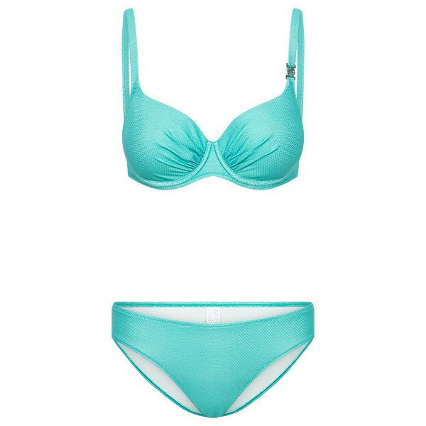 A turquoise two-piece bikini with a textured pattern, displayed as if on an invisible mannequin against a white background.
