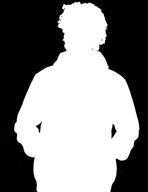 A white silhouette of a person wearing a hoodie, with their hands in the front pocket and textured hair, is displayed against a black background, representing an alpha channel mask