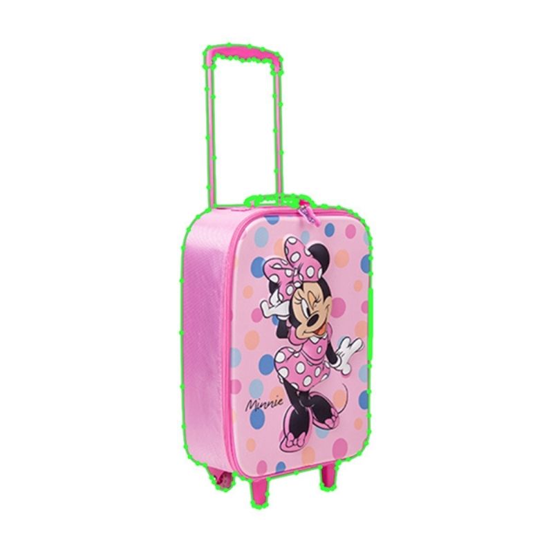 A pink Minnie Mouse rolling suitcase with a black handle and a colorful polka-dot design featuring Minnie Mouse. The suitcase is outlined in green, indicating an active clipping path, against a white background