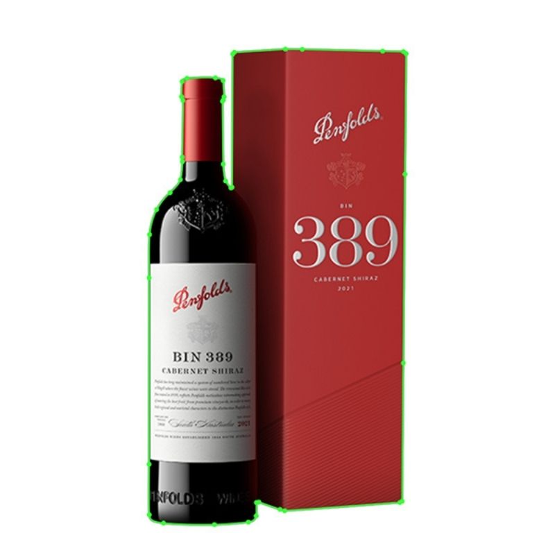A dark bottle of Penfolds Bin 389 Cabernet Shiraz wine with a red foil top and white label, standing next to a tall red gift box for the wine. Both items are outlined in green, indicating active clipping paths, against a white background