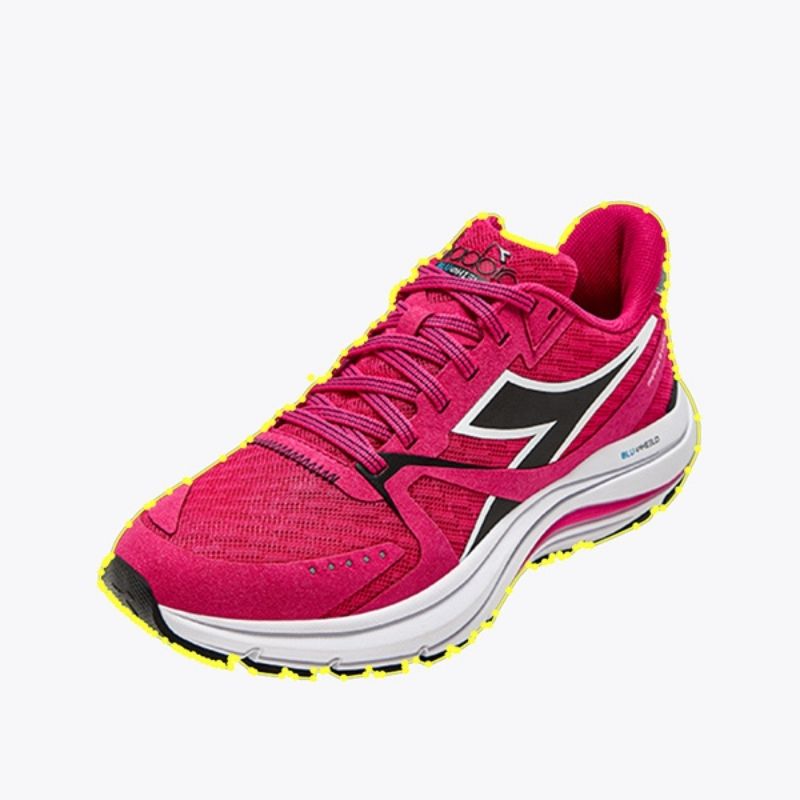 A hot pink athletic shoe with black and white accents and pink laces, with a yellow outline indicating an active clipping path