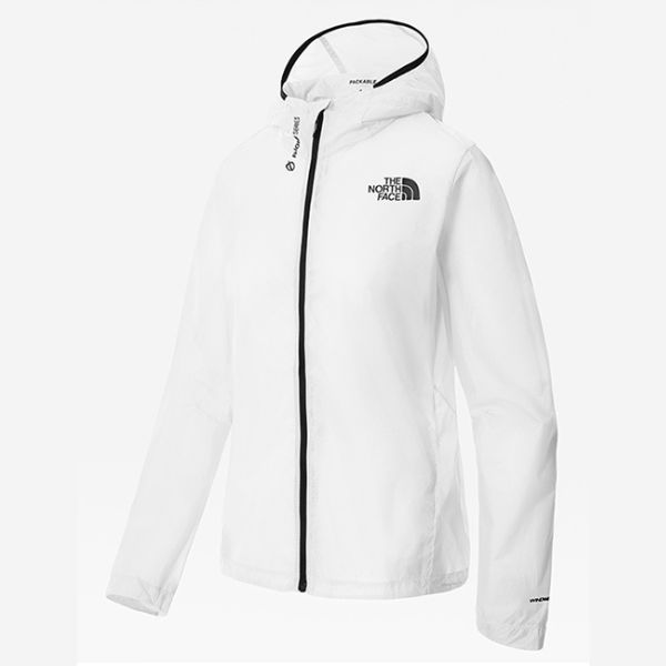 A white "The North Face" rain jacket with a black zipper and hood lining is displayed on a grey background