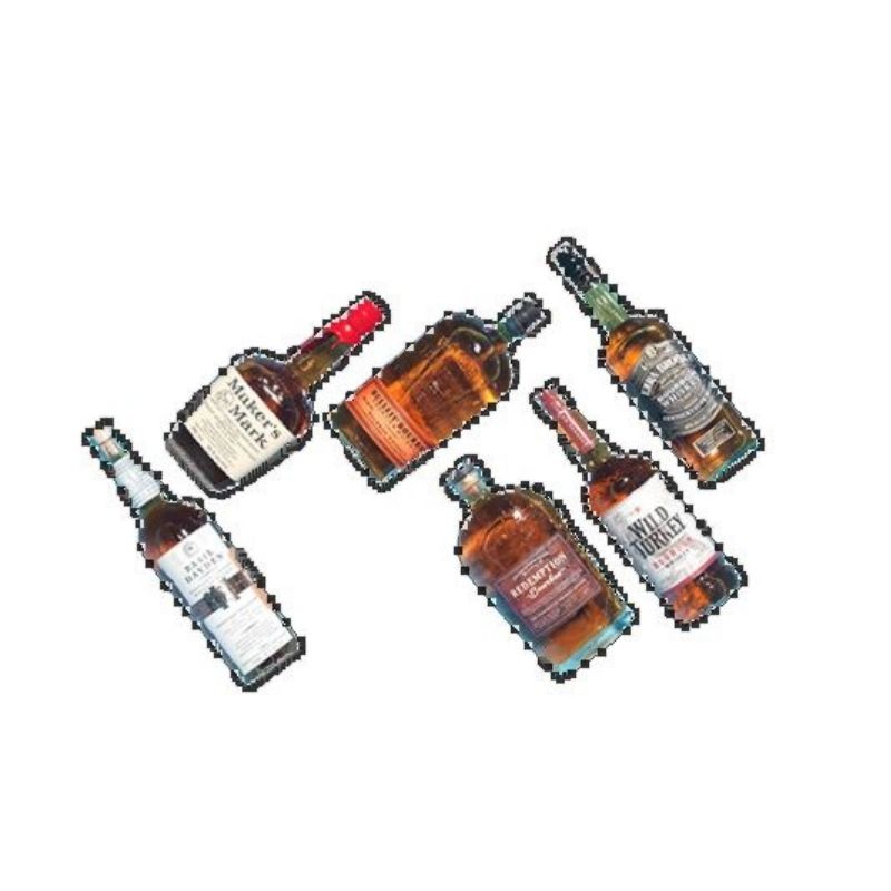 Six different bottles of spirits, including Maker's Mark, Wild Turkey, and Redemption, are arranged diagonally across a white background. Each bottle has a pixelated outline, indicating a clipping path