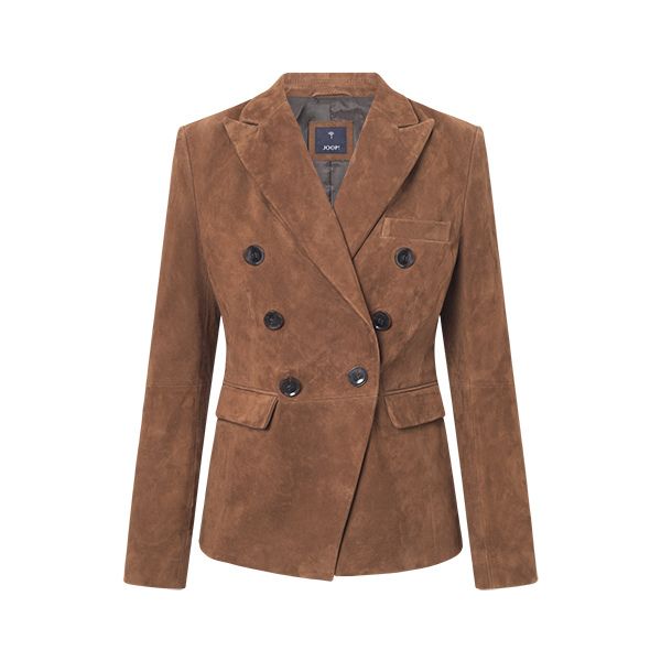 A brown suede double-breasted blazer with six dark buttons and two flap pockets, displayed as if on an invisible mannequin with the neck opening visible.