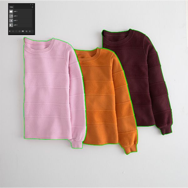 Three textured long-sleeved shirts, in pink, orange, and maroon, are laid out on a white surface. Green outlines trace the edges of each shirt, indicating active clipping paths from an editing software panel shown in the top left corner