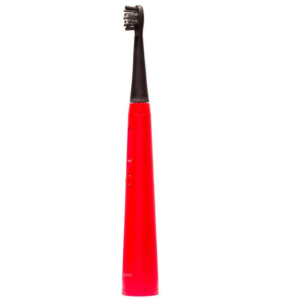 A sleek red and black electric toothbrush, stands isolated against a pure white background, free of any surrounding objects or clutter.