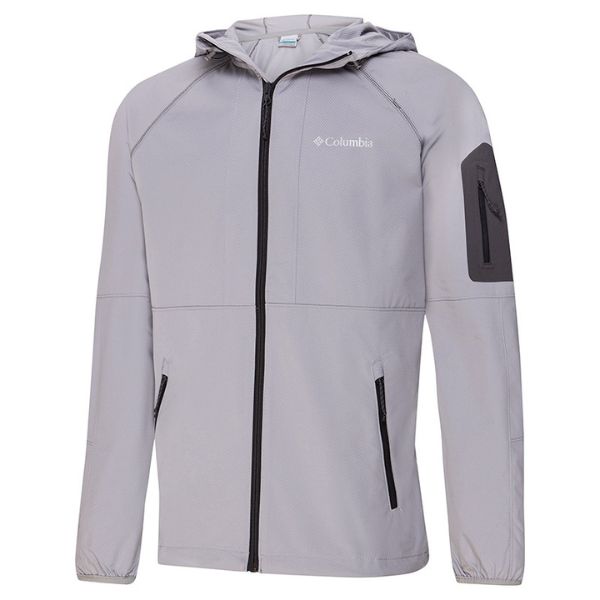A light grey Columbia hooded jacket with black zippers and a dark grey patch pocket on the left sleeve, displayed on an invisible mannequin against a white background