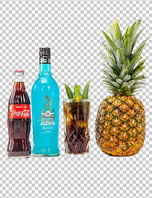 A Coca-Cola bottle, a blue Trojka Aloha liqueur bottle, a glass cocktail, and a pineapple are displayed against a transparent checkerboard background, indicating successful transparent object masking