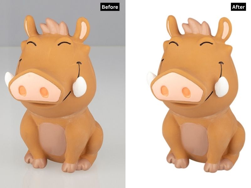 A "Before and After" comparison image of a Pumbaa-like toy. The "Before" image shows the toy against a grey background, while the "After" image shows the toy cleanly cut out and placed on a pure white background