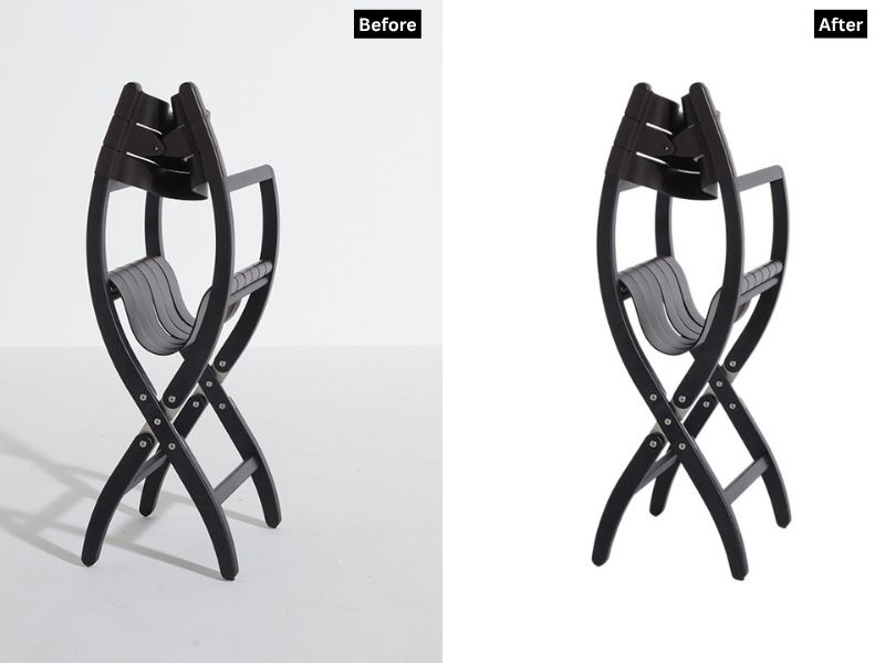 A "Before and After" comparison image of a dark wooden folding chair. The "Before" image shows the chair on a white surface with shadows, while the "After" image shows the chair with a clean white background, indicating background removal