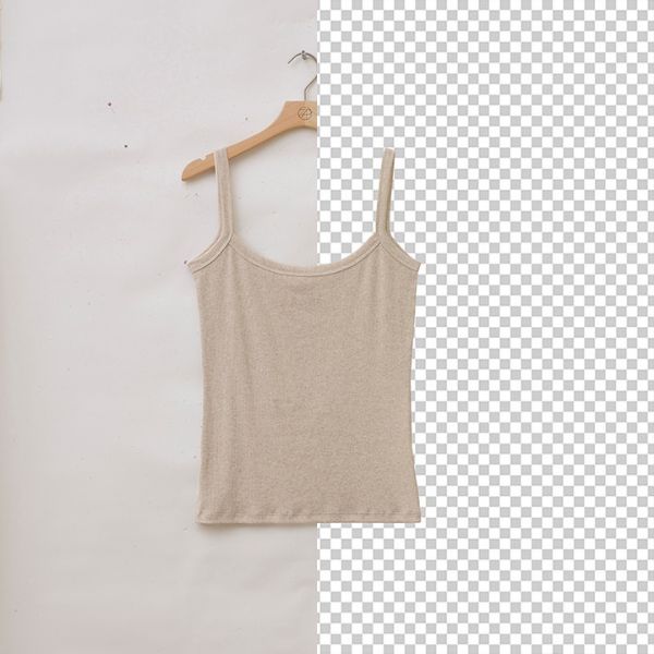A "before and after" image of a beige tank top on a wooden hanger. The "Before" shows it against a light background, while the "After" displays the identical top with a transparent, checkerboard background