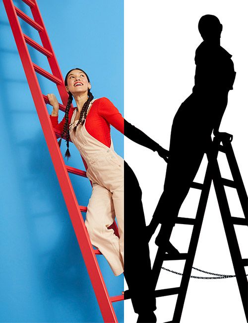 A "before and after" image showing a young woman with braided hair climbing a red ladder against a blue wall. The "After" side displays her silhouette on the ladder against a white background, demonstrating an image mask