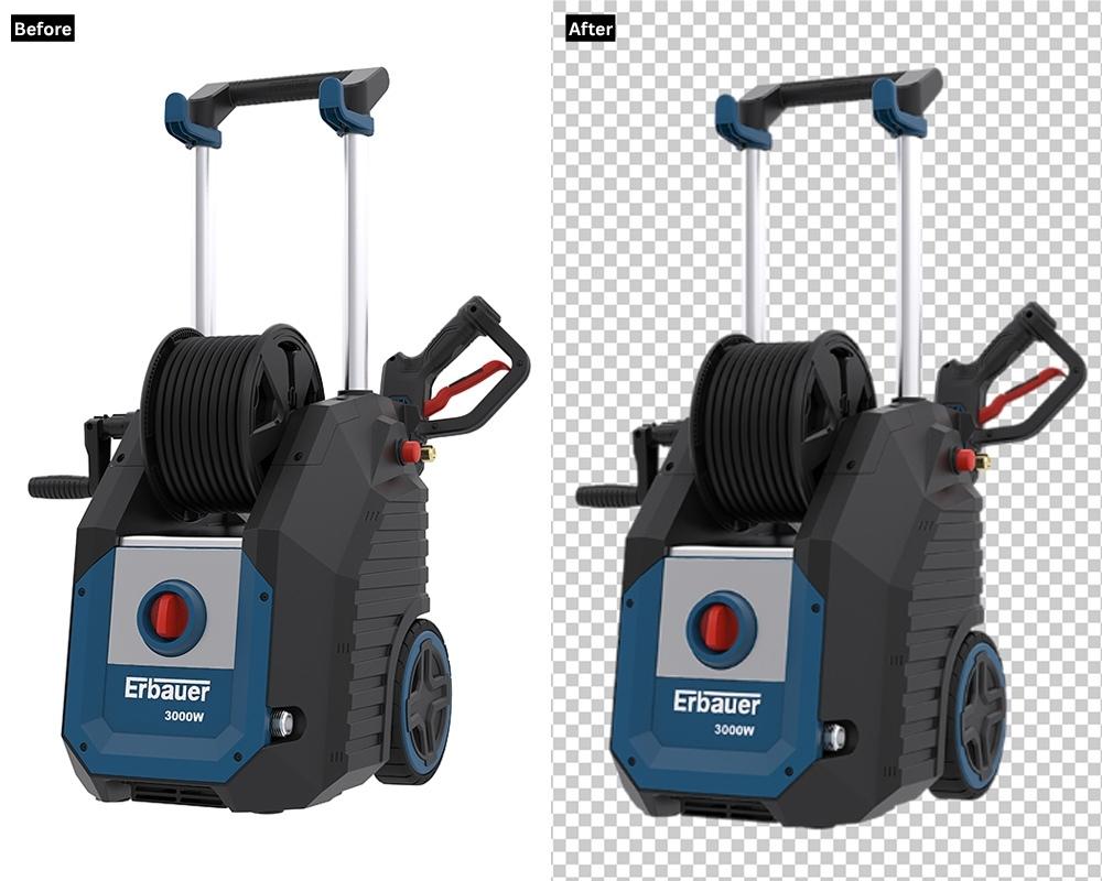 A "before and after" image of an Erbauer 3000W pressure washer. The "Before" shows it on a light grey background, while the "After" displays it with a transparent, checkerboard background after removal