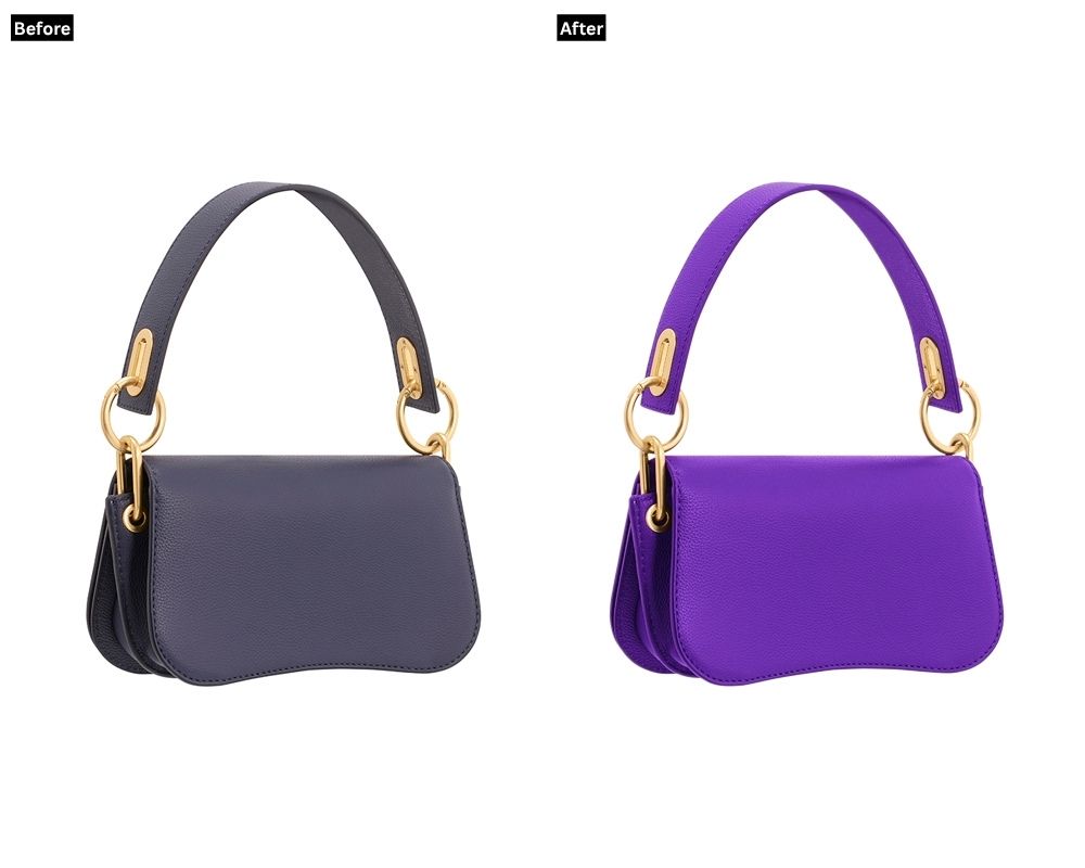 A "before and after" image of a small handbag. The "Before" shows the bag in a muted dark grey/blue, while the "After" displays the identical bag in a vibrant purple, demonstrating color correction.