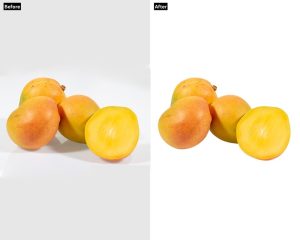 A "before and after" image of five fruits. The "Before" shows them on a reflective grey background, while the "After" image isolates them on a clean white background