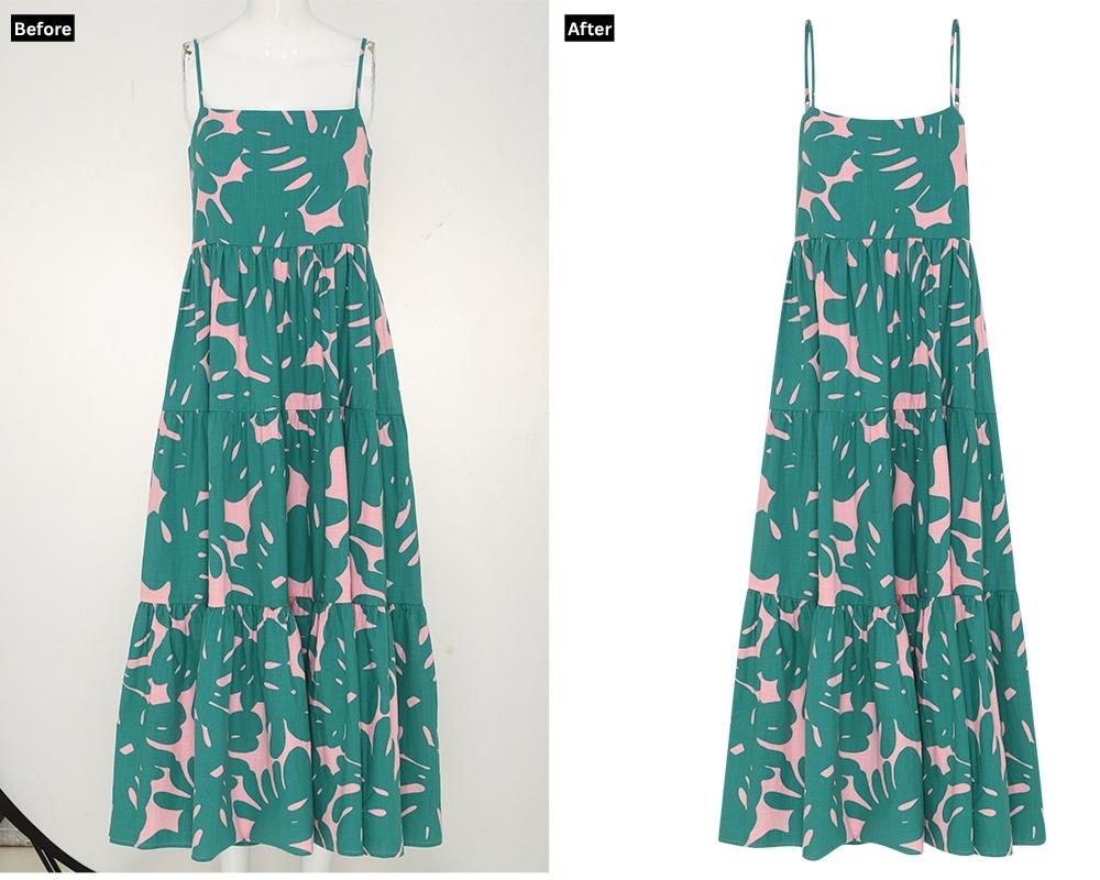 A "before and after" image of a green and pink patterned maxi dress. The "Before" shows it on a mannequin with a cluttered background, while the "After" displays the dress floating with a ghost mannequin effect on a white background.