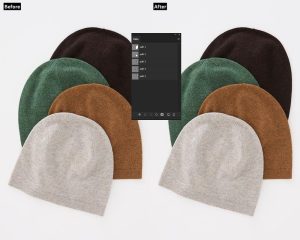 A "before and after" image of four knitted beanies. The "Before" shows the hats with a "Paths" panel overlay, while the "After" shows the identical setup with the overlay removed, indicating multi-clipping completion