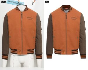 A "before and after" image demonstrating a ghost mannequin effect on a bomber jacket. The "Before" shows the jacket on a mannequin with a cluttered background, while the "After" displays the jacket floating on a white background with the mannequin and distractions removed