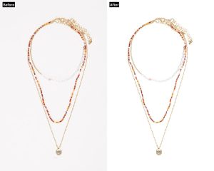A "before and after" image of a multi-layered beaded necklace. The "Before" shows it on a light grey background, while the "After" displays the necklace precisely cut out on a pure white background