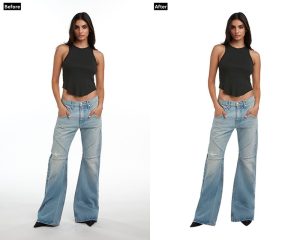 Before and after image showcasing model photo retouching; the "Before" side has a slightly uneven background and softer details, while the "After" side features a cleaner white background, enhanced skin tone, sharper clothing details, and overall improved visual clarity