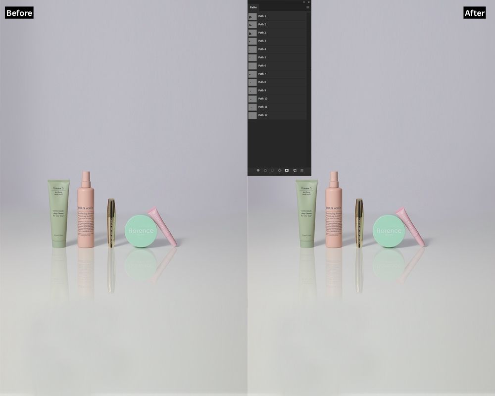 A "before and after" image of beauty products on a reflective surface. The "Before" shows the products with a "Paths" panel overlay, while the "After" shows the identical setup with the overlay removed, indicating multiple clipping path completion