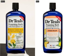 Before and after image of a Dr Teal's Foaming Bath bottle showcasing product photo retouching