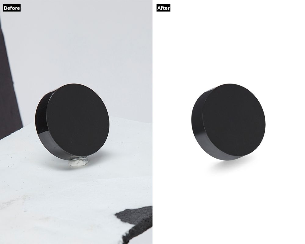 A "before and after" image of a black circular object. The "Before" shows it on a textured, patterned surface. The "After" displays the object on a pure white background with a newly added soft drop shadow, showcasing background removal and shadow creation