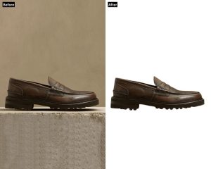 A "before and after" image of a brown leather loafer. The "Before" shows the shoe on a textured brown surface against a brown wall, while the "After" displays the shoe precisely cut out on a pure white background