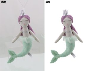 A "before and after" image of a mermaid doll. The "Before" shows it suspended against a grey background with a stand, while the "After" isolates the doll on a clean white background, with the string and stand removed