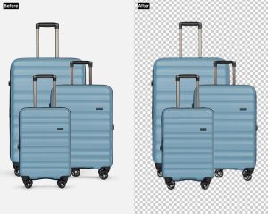 A "before and after" comparison of four blue suitcases. The "Before" image shows them on a plain grey background, while the "After" image displays them with a transparent background, indicated by a checkerboard pattern