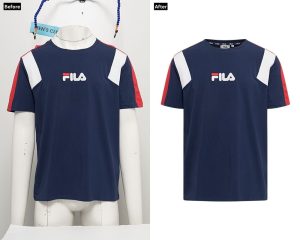 A "before and after" image of a dark blue t-shirt with stripes and a logo. The "Before" shows it on a mannequin with a cluttered background, while the "After" displays the t-shirt floating on a white background with the mannequin and distractions removed