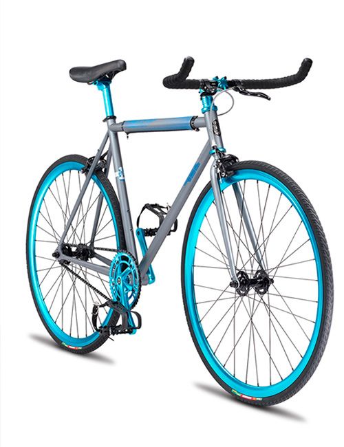 A grey and blue fixed-gear bicycle with bright blue rims and components is angled against a white background, casting a subtle shadow.
