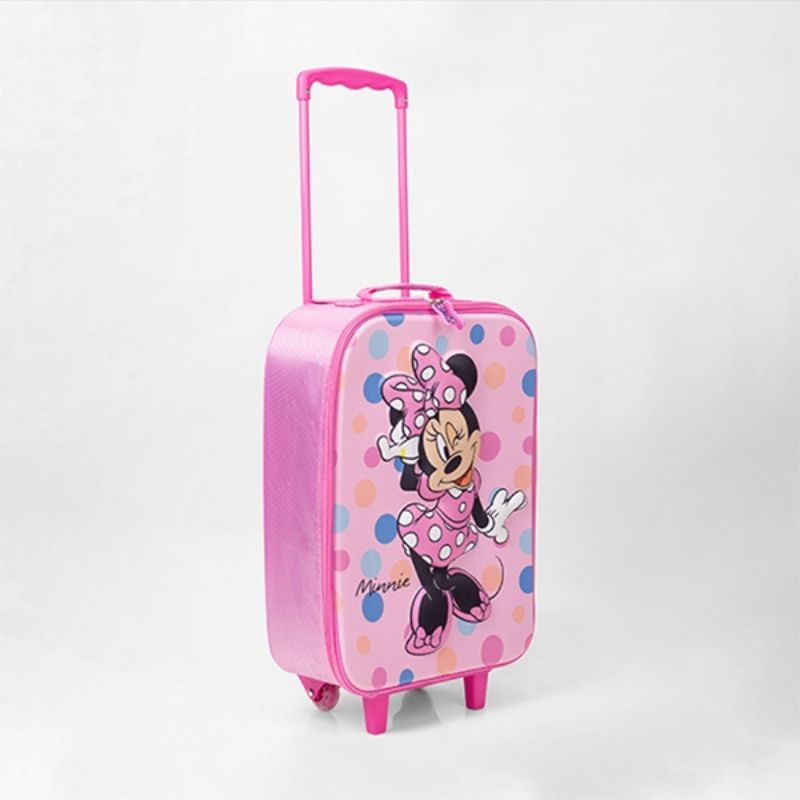 A pink Minnie Mouse rolling suitcase with a black handle and a colorful polka-dot design featuring Minnie Mouse, set against a plain white background