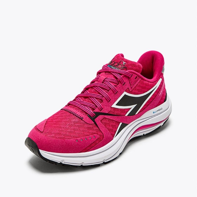 A single hot pink athletic shoe with black and white accents, featuring pink laces and a textured mesh upper, is angled on a plain white background