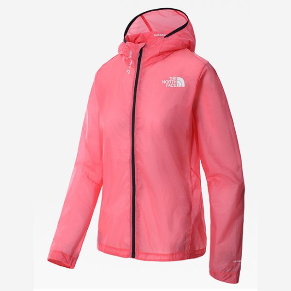 A light pink "The North Face" rain jacket with a black zipper and hood lining is displayed on a grey background