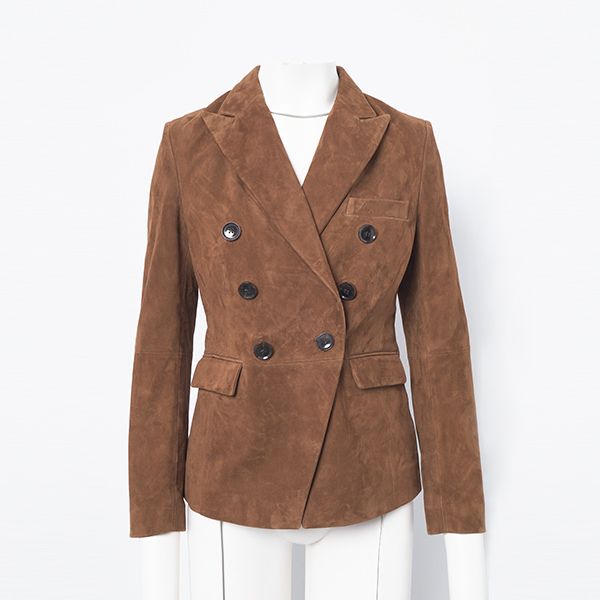 A brown suede double-breasted blazer with six dark buttons and two flap pockets, displayed on a white mannequin