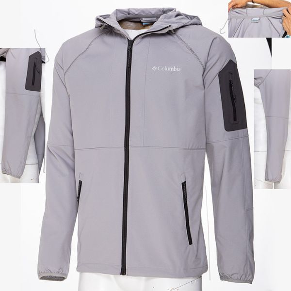 A light grey Columbia hooded jacket with black zippers and a dark grey patch pocket on the left sleeve, displayed on a mannequin with additional close-up views of the sleeve and collar.