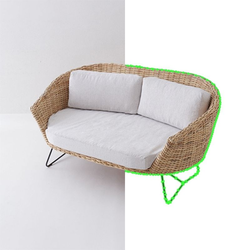 A before-and-after comparison image of a natural fiber loveseat with light cushions and dark metal legs. The left side shows the loveseat in a room with a white wall and floor, while the right side shows the loveseat with a green outline, indicating a clipping path, against a pure white background