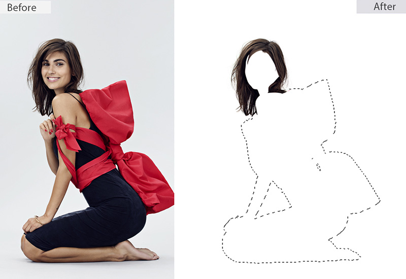A "before and after" image of a woman in a black dress with a large red bow. The "Before" shows her smiling on a white background, while the "After" displays a dotted outline of her body with her hair filled in, against a white background, illustrating image masking