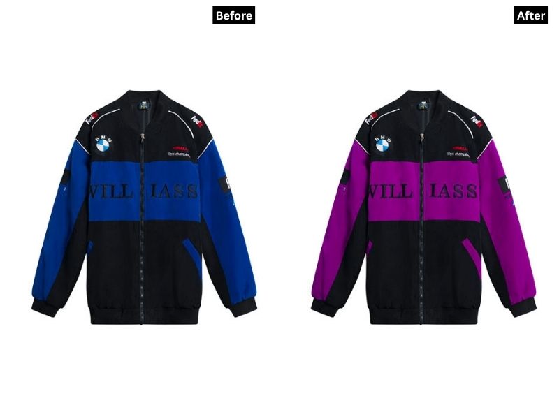 A "Before and After" comparison image of a sports jacket. The "Before" image shows a black and blue jacket with "VILLIASS" written across the chest and various patches. The "After" image shows the same jacket with the blue sections color-corrected to purple, demonstrating a color change